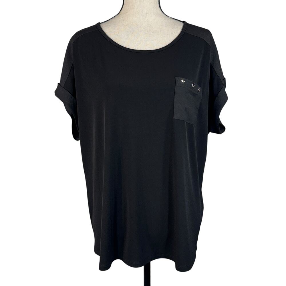 Calvin Klein X-Large Top Dolman Cuffed Cap Sleeves Stretch Pullover Pocket Black